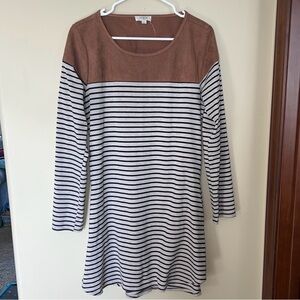 Umgee Women’s Shift Dress Small, Striped, Elbow Patches, faux suede